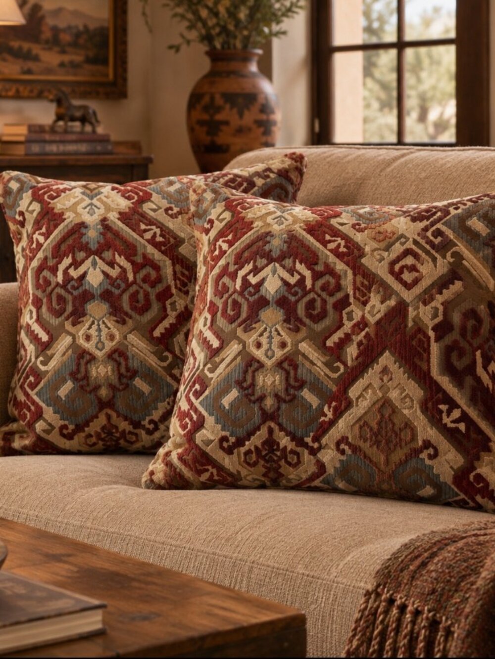 Handmade Textured Velvet Chenille Aztec Print Throw Pillow Geometric 20 Inches